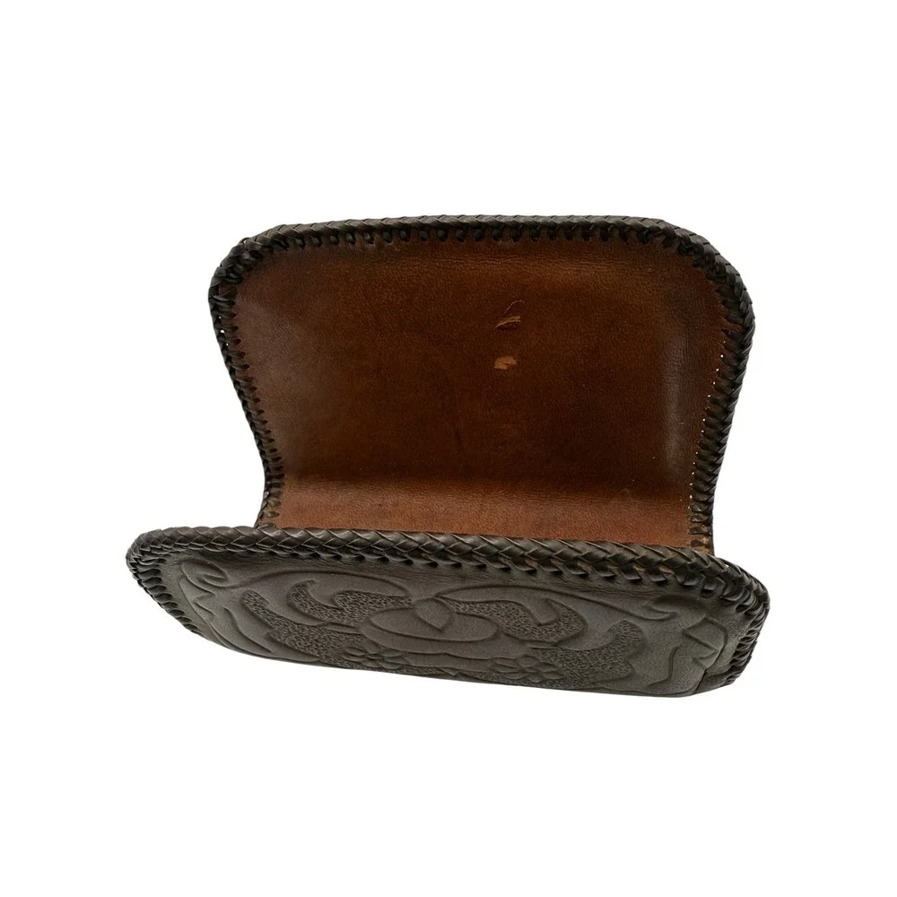 Vintage Tooled Leather Napkin Holder Brown Whipstitch Mail Letter Organizer